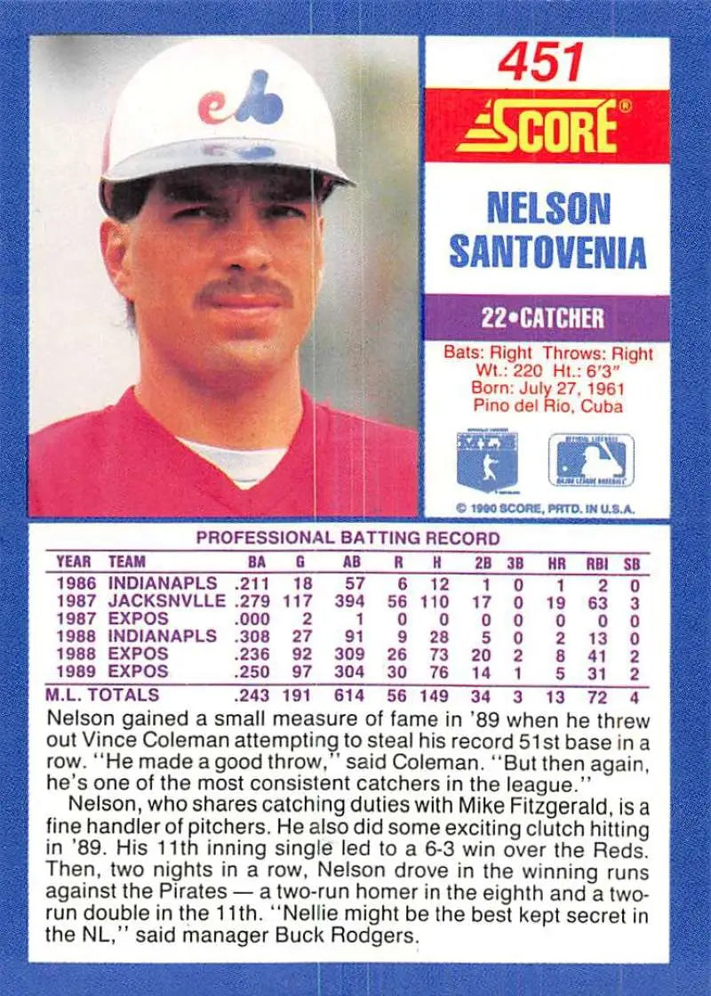 1990 Score #451 Nelson Santovenia EX Excellent Montreal Expos Baseball Card - Baseball Card Single