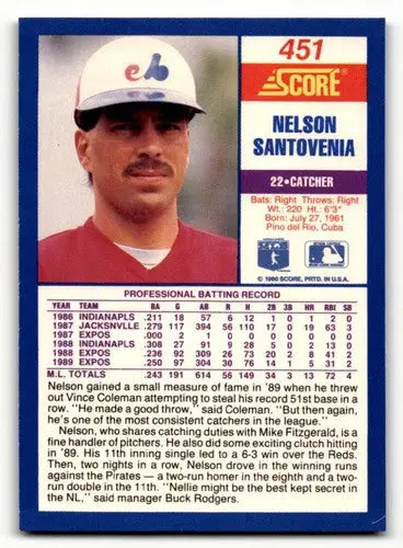 Original gloss Nelson Santovenia baseball card from 1990 Score #451 featuring Simply Sandoval