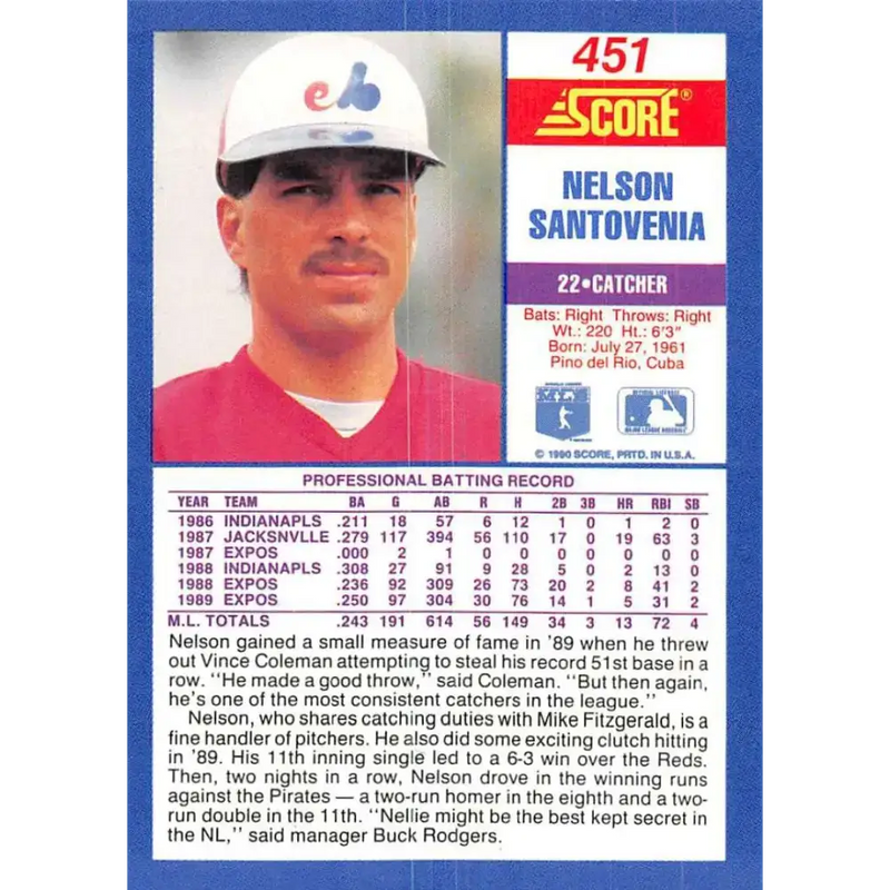 1990 Score #451 Nelson Santovenia NM-MT Montreal Expos Baseball Card - Baseball Card Single