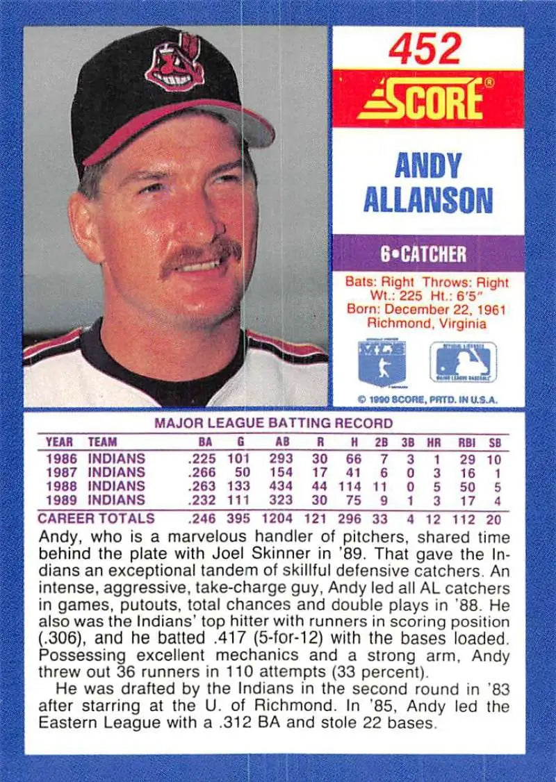 1990 Score #452 Andy Allanson EX Excellent Cleveland Indians Baseball Card - Baseball Card Single