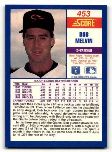 Original gloss Bob Melvin baseball card from 1990 Score #453 featuring Simply Sandoval