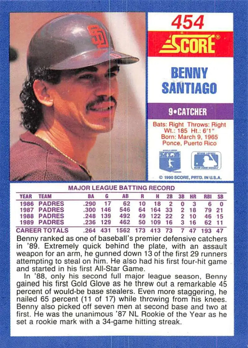 1990 Score #454 Benito Santiago EX Excellent San Diego Padres Baseball Card - Baseball Card Single