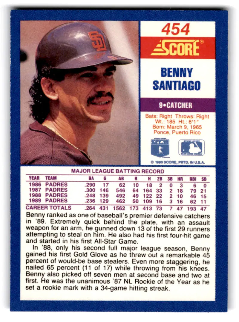 1990 Score #454 Benito Santiago NM-MT Padres ID:70077 - Baseball Card Single
