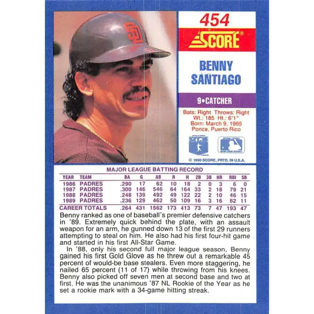 1990 Score #454 Benito Santiago NM-MT San Diego Padres Baseball Card - Baseball Card Single