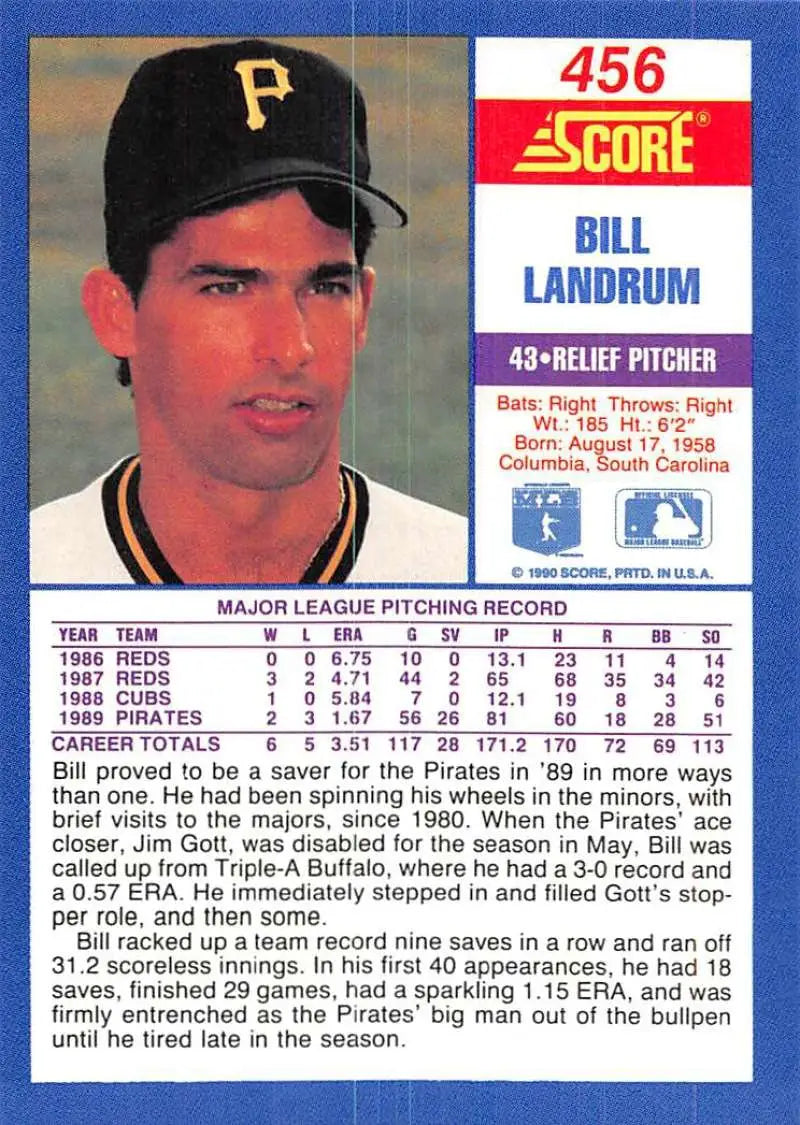 1990 Score #456 Bill Landrum EX Excellent Pittsburgh Pirates Baseball Card - Baseball Card Single