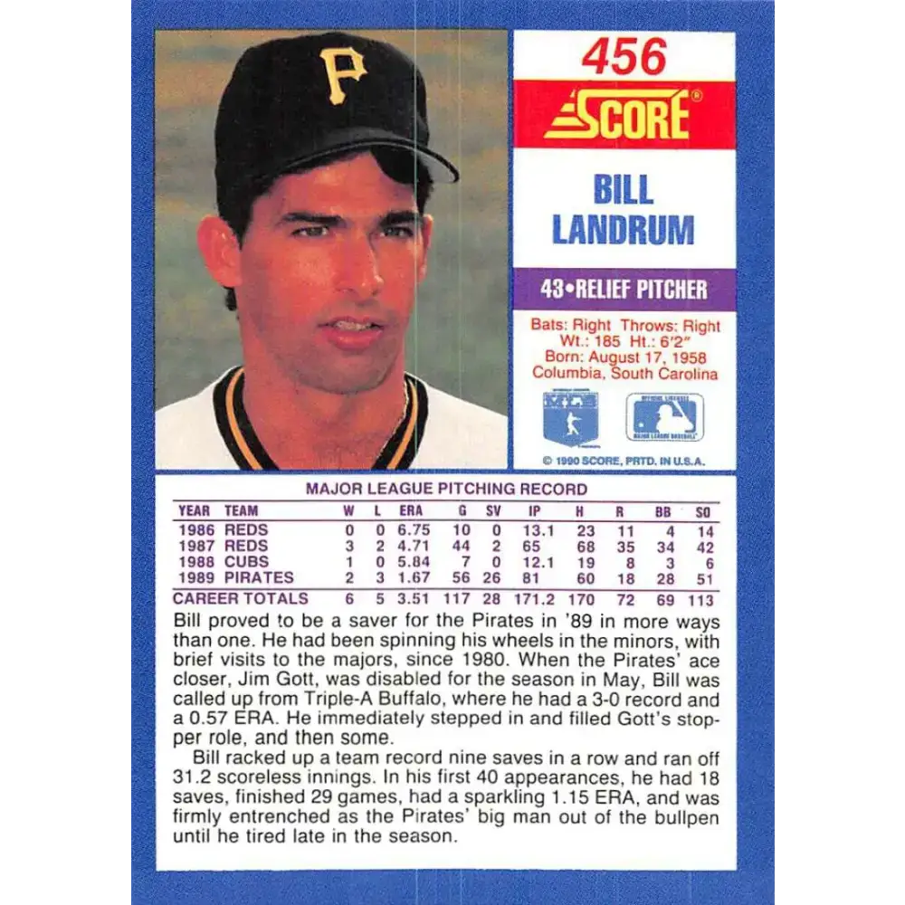 1990 Score #456 Bill Landrum NM-MT Pittsburgh Pirates Baseball Card - Baseball Card Single