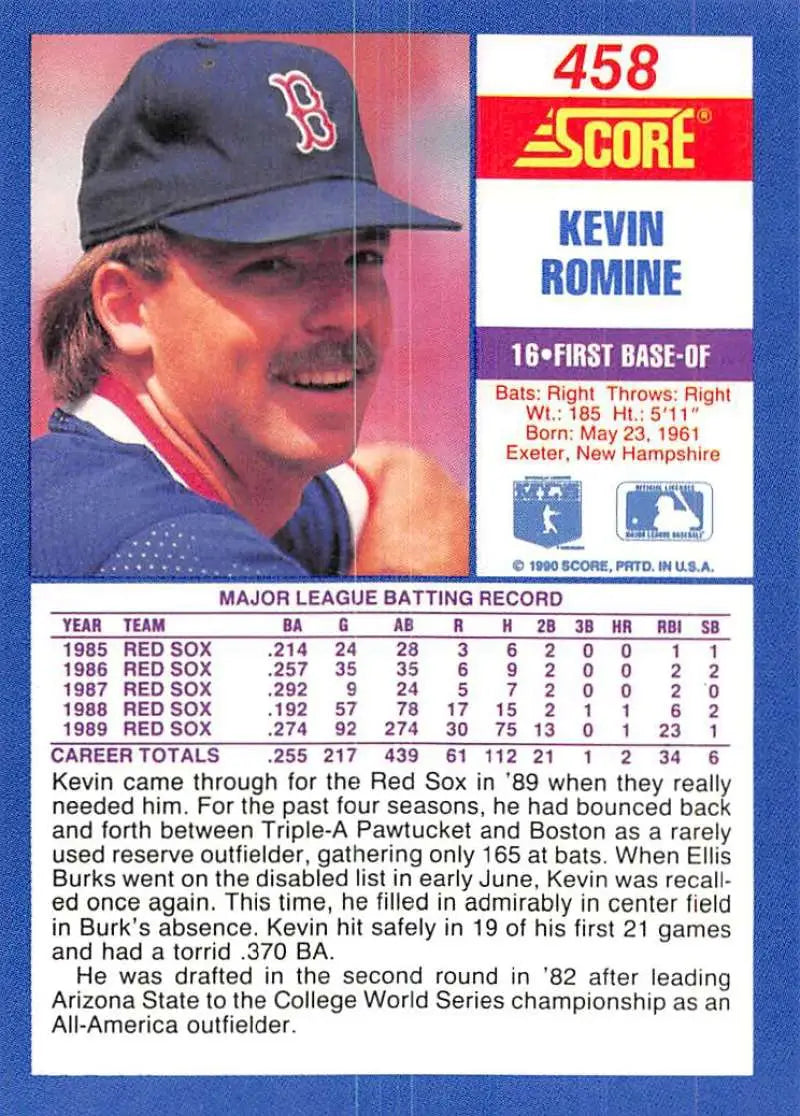 1990 Score #458 Kevin Romine EX Excellent Boston Red Sox Baseball Card - Baseball Card Single