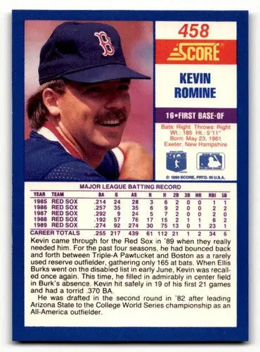 Original gloss Kevin Romine baseball card from 1990 Score #458 featuring Kevin Romine