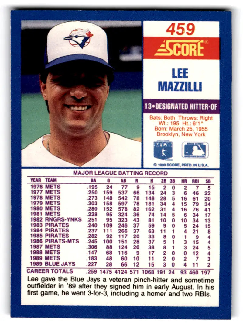 1990 Score #459 Lee Mazzilli NM-MT Blue Jays ID:70060 - Baseball Card Single