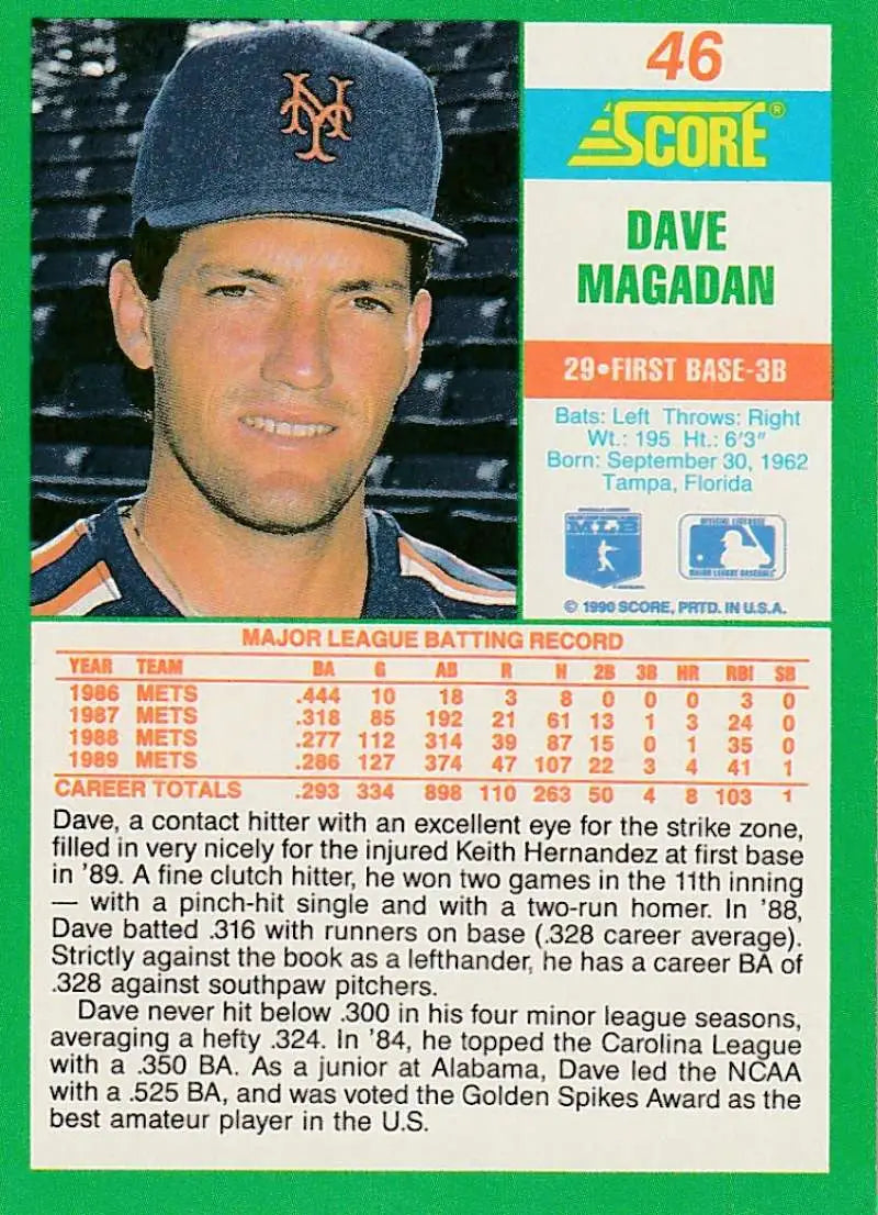 1990 Score #46 Dave Magadan EX Excellent New York Mets Baseball Card - Baseball Card Single