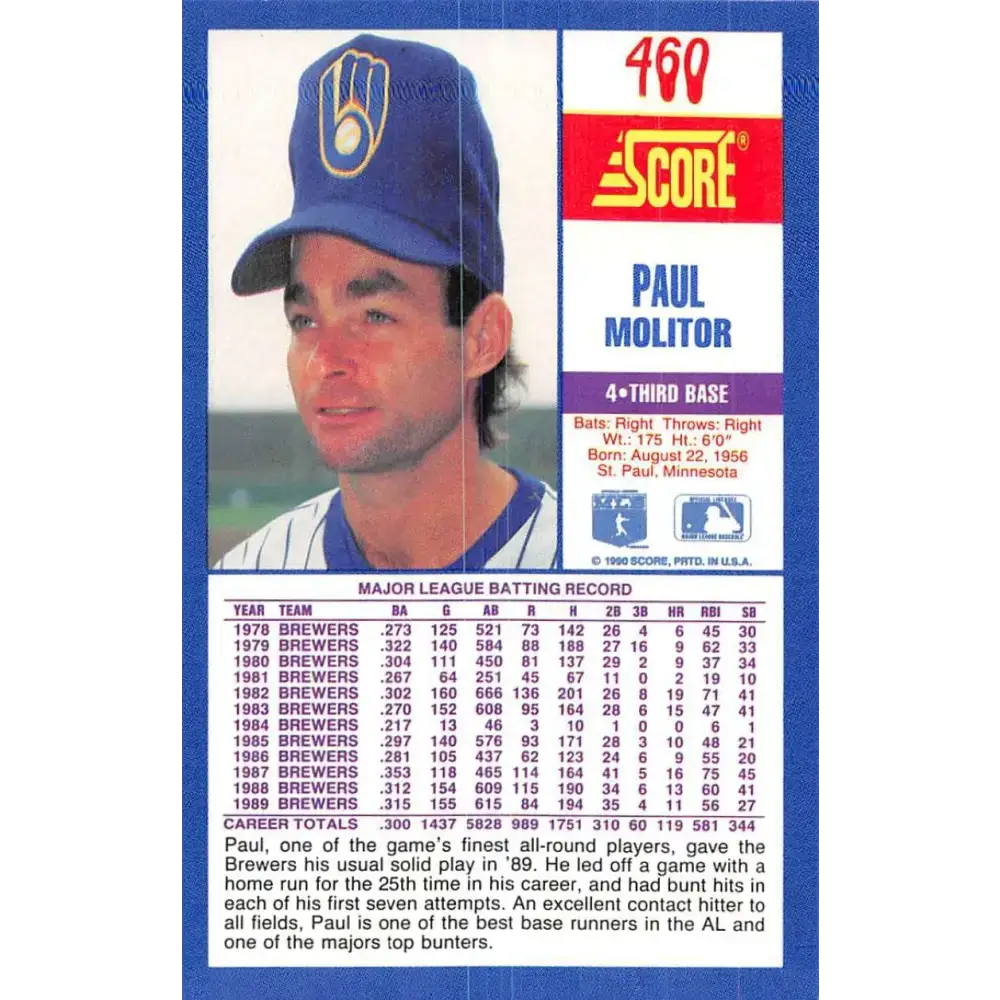1990 Score #460 Paul Molitor NM-MT Milwaukee Brewers Baseball Card - Baseball Card Single
