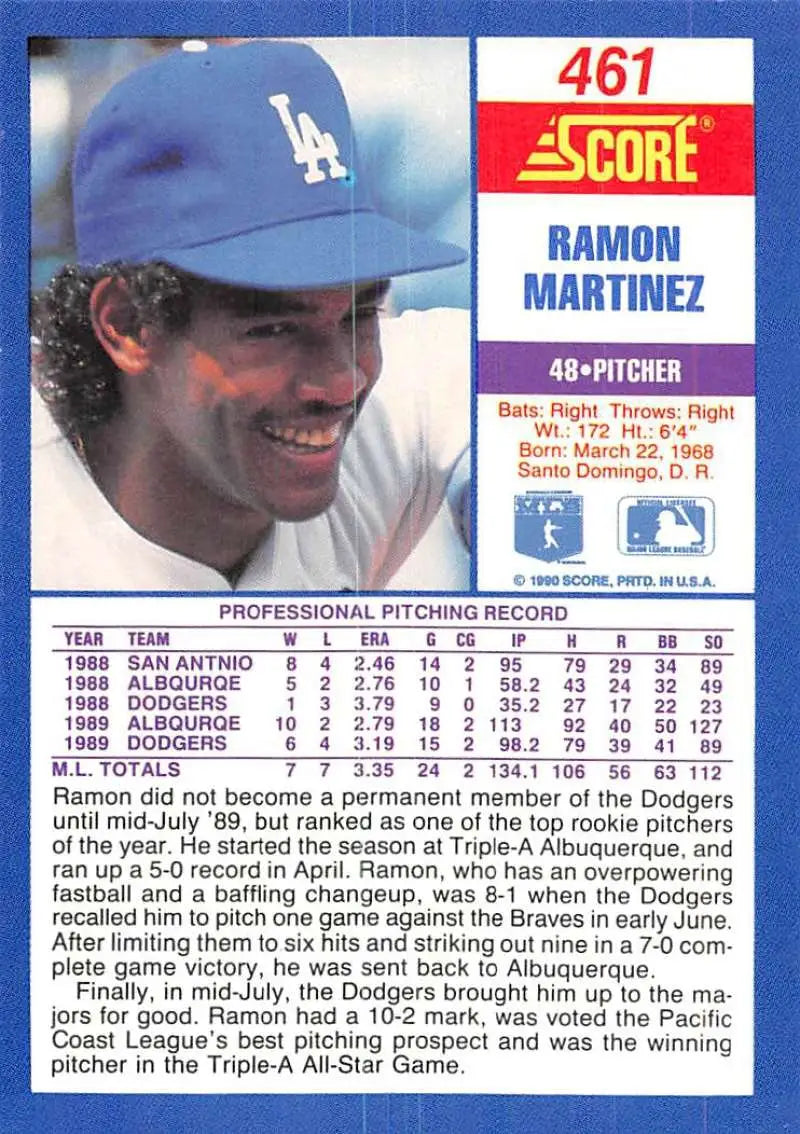 1990 Score #461 Ramon Martinez EX Excellent Los Angeles Dodgers Baseball Card - Baseball Card Single