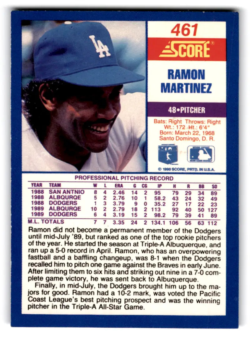 1990 Score #461 Ramon Martinez NM-MT Dodgers ID:70079 - Baseball Card Single