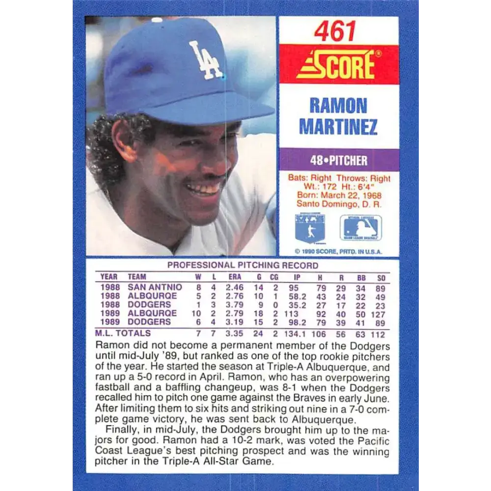 1990 Score #461 Ramon Martinez NM-MT Los Angeles Dodgers Baseball Card - Baseball Card Single