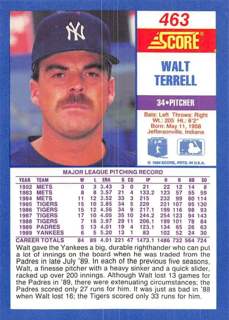 1990 Score #463 Walt Terrell EX Excellent New York Yankees Baseball Card - Baseball Card Single