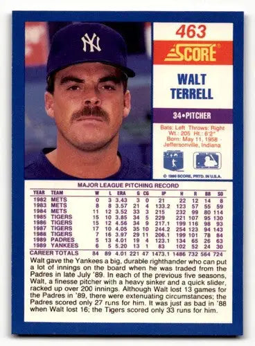 Original gloss Walt Terrell baseball card from 1990 Score #463 featuring Simply Sandoval