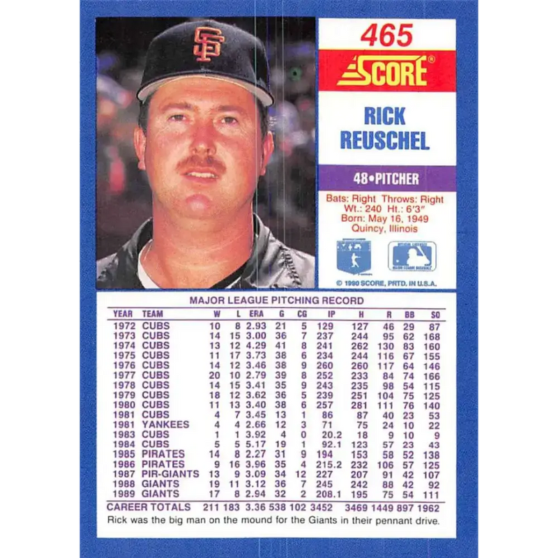 1990 Score #465 Rick Reuschel NM-MT San Francisco Giants Baseball Card - Baseball Card Single