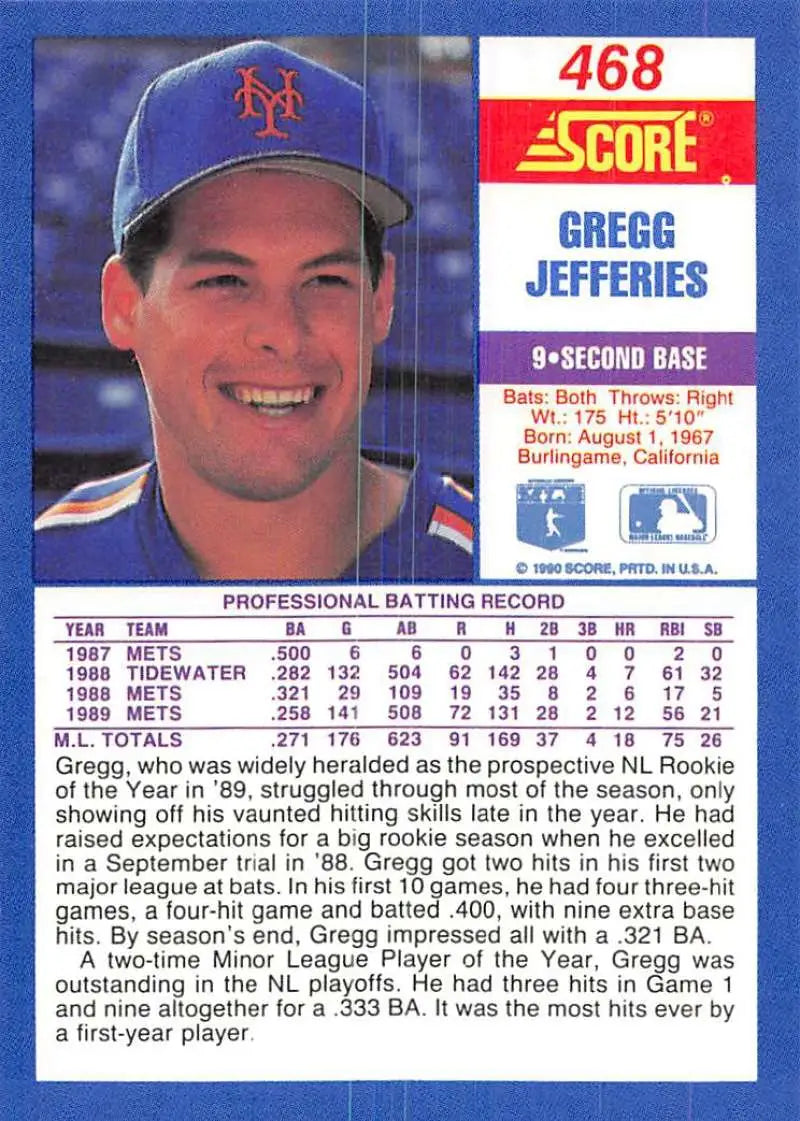 1990 Score #468 Gregg Jefferies EX Excellent New York Mets Baseball Card - Baseball Card Single