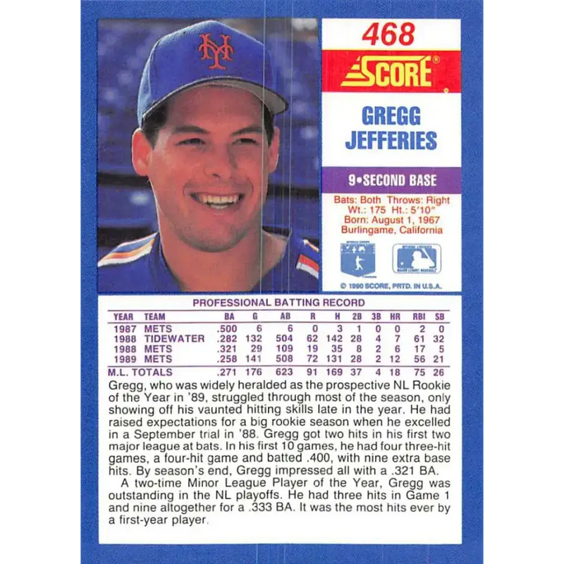 1990 Score #468 Gregg Jefferies NM-MT New York Mets Baseball Card - Baseball Card Single