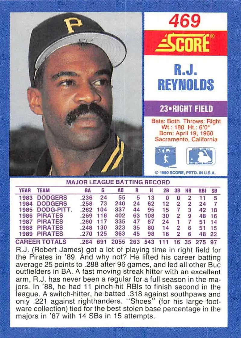 1990 Score #469 R.J. Reynolds EX Excellent Pittsburgh Pirates Baseball Card - Baseball Card Single