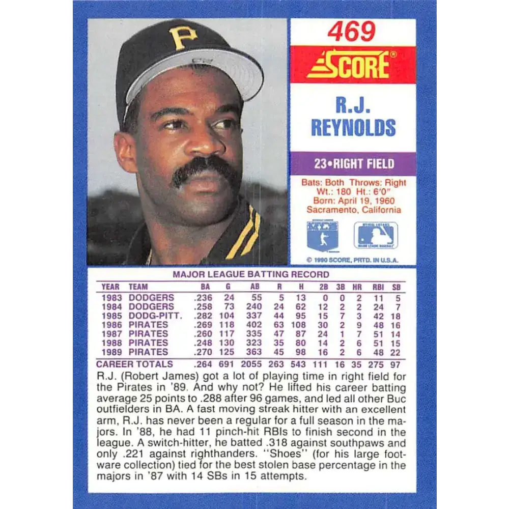 1990 Score #469 R.J. Reynolds NM-MT Pittsburgh Pirates Baseball Card - Baseball Card Single