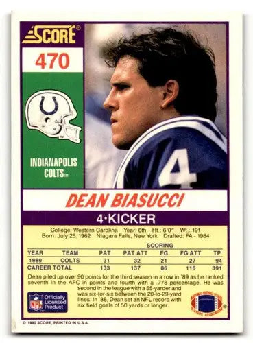 Dean Biasucci Indianapolis football card from 1990 Score #470 featuring Biasucci Indianapolis Colts