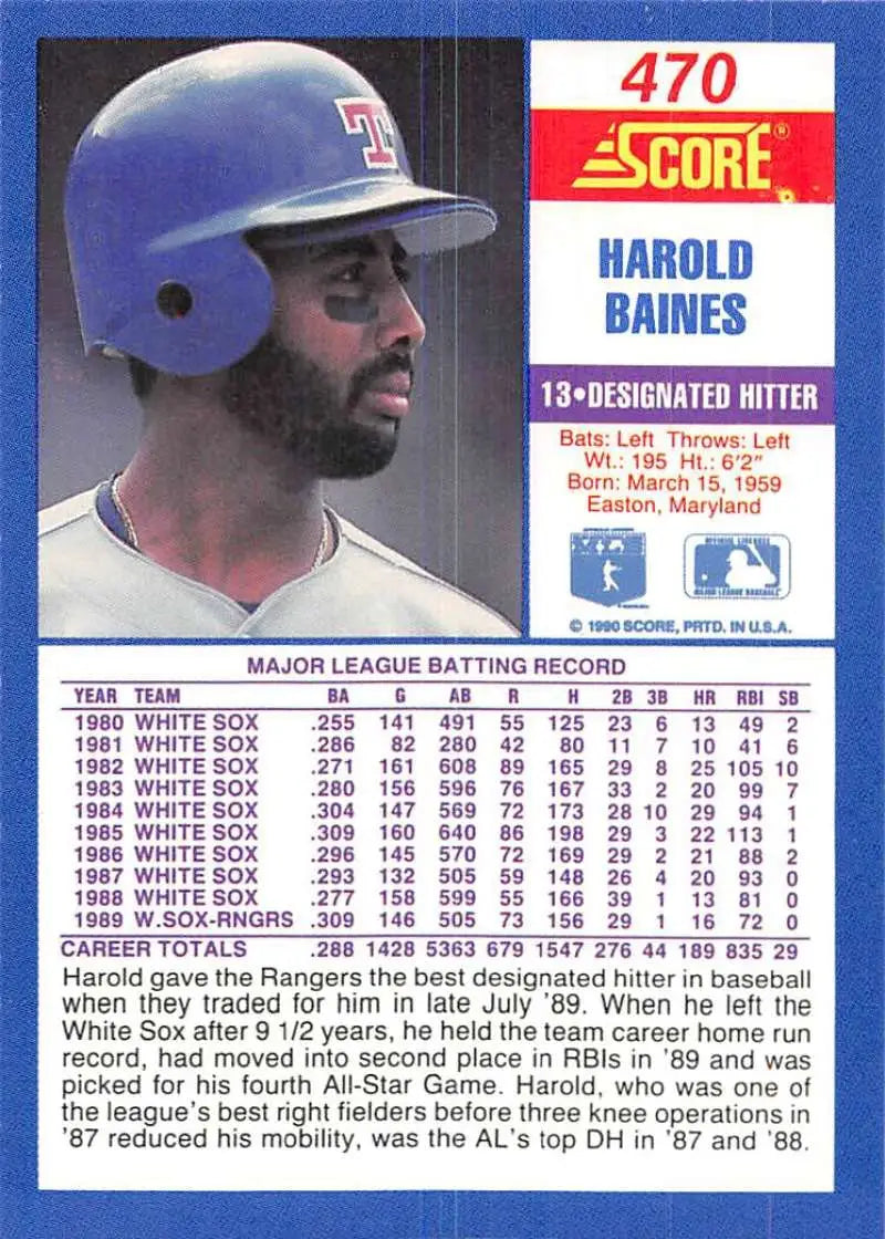 1990 Score #470 Harold Baines EX Excellent Texas Rangers Baseball Card - Baseball Card Single