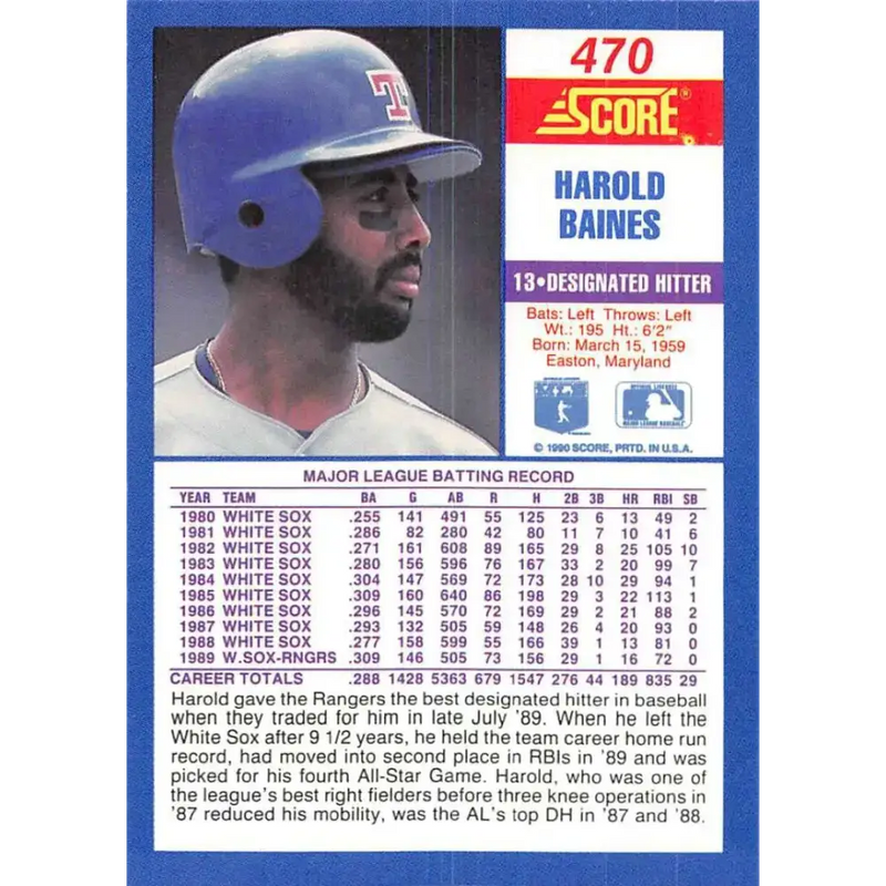 1990 Score #470 Harold Baines NM-MT Texas Rangers Baseball Card - Baseball Card Single