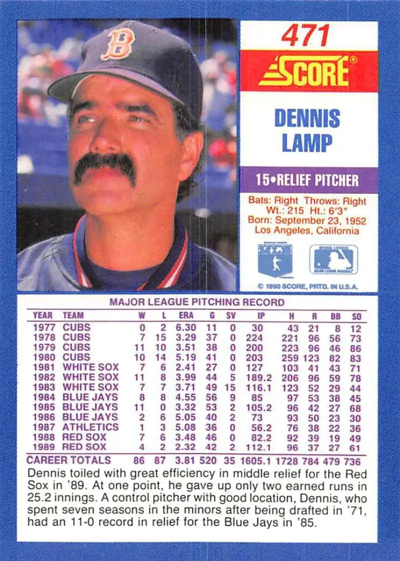 1990 Score #471 Dennis Lamp EX Excellent Boston Red Sox Baseball Card - Baseball Card Single