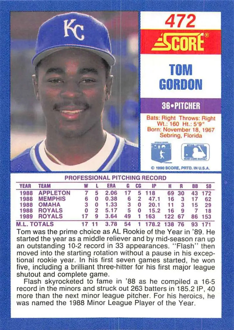 1990 Score #472 Tom Gordon EX Excellent Kansas City Royals Baseball Card - Baseball Card Single