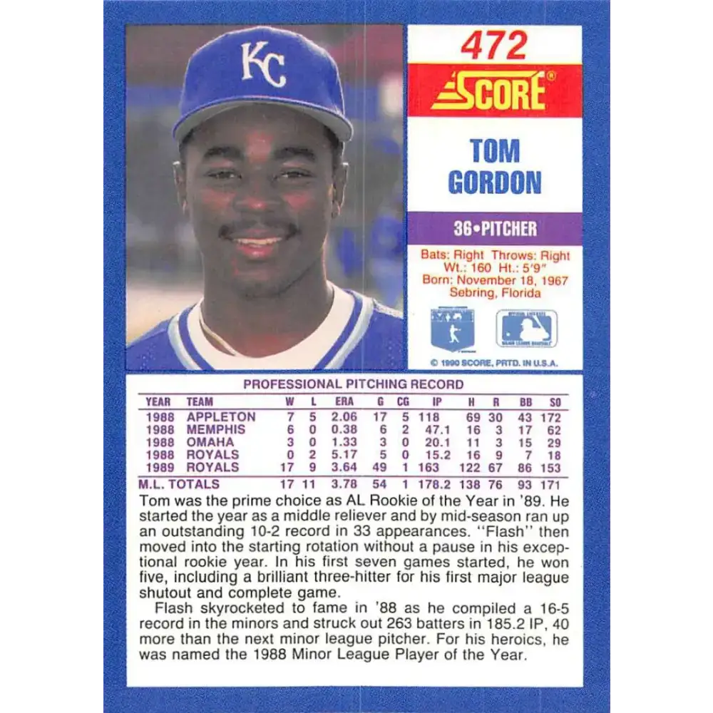 1990 Score #472 Tom Gordon NM-MT Kansas City Royals Baseball Card - Baseball Card Single