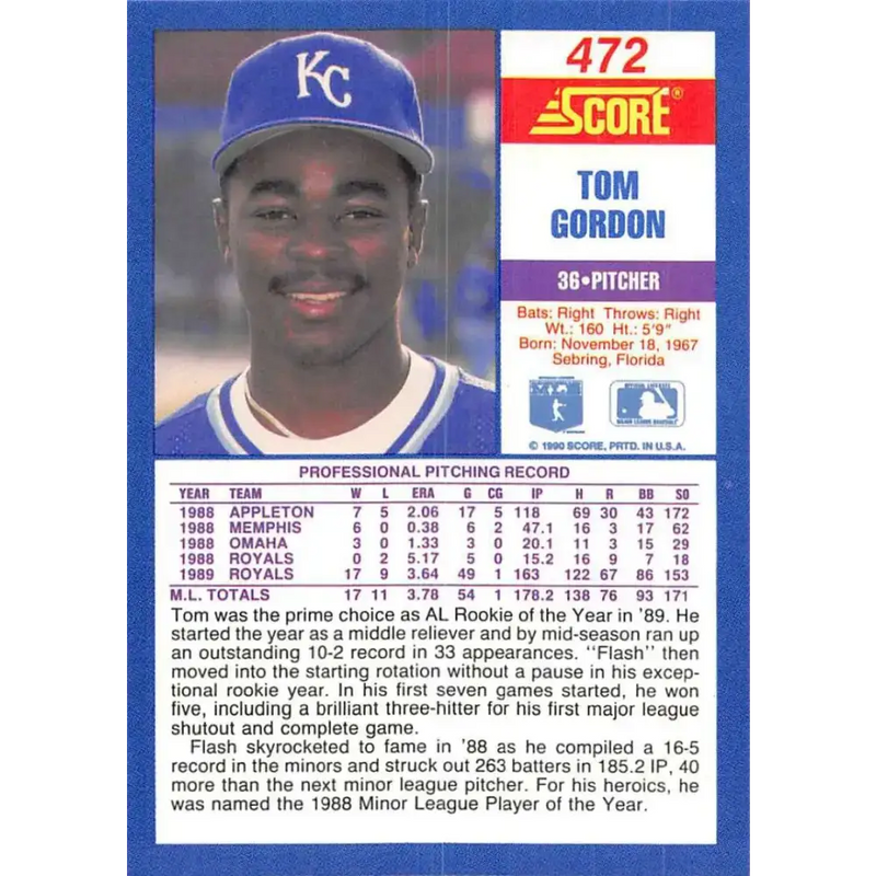 1990 Score #472 Tom Gordon NM-MT Kansas City Royals Baseball Card - Baseball Card Single