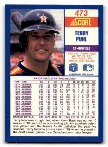 1990 Score Terry Puhl baseball card with original gloss featuring Terry Puhl and Simply Sandoval