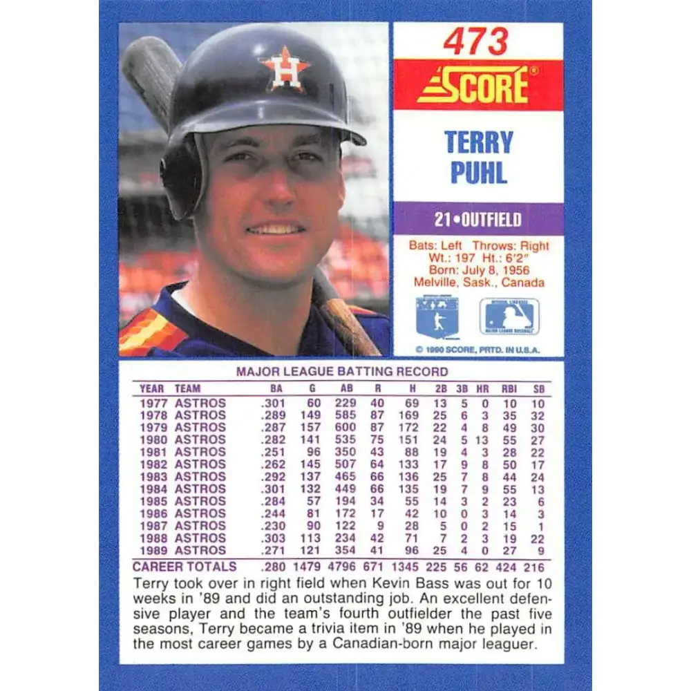 1990 Score #473 Terry Puhl NM-MT Houston Astros Baseball Card - Baseball Card Single