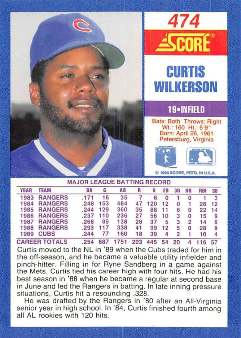 1990 Score #474 Curtis Wilkerson EX Excellent Chicago Cubs Baseball Card - Baseball Card Single