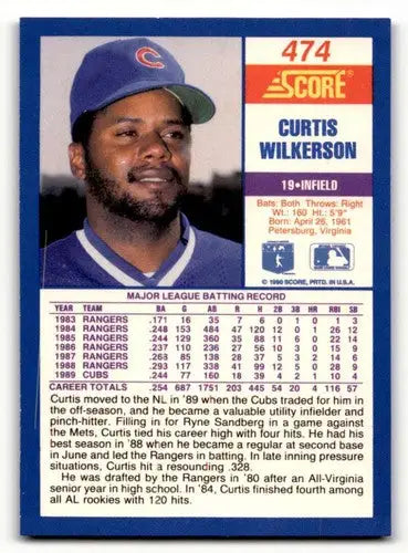 Original gloss baseball card of Curtis Wilkerson from 1990 Score #474 featuring Simply Sandoval