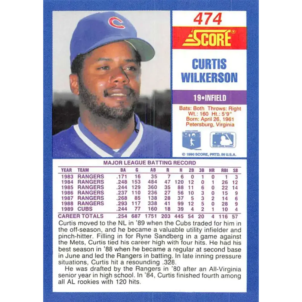 1990 Score #474 Curtis Wilkerson NM-MT Chicago Cubs Baseball Card - Baseball Card Single