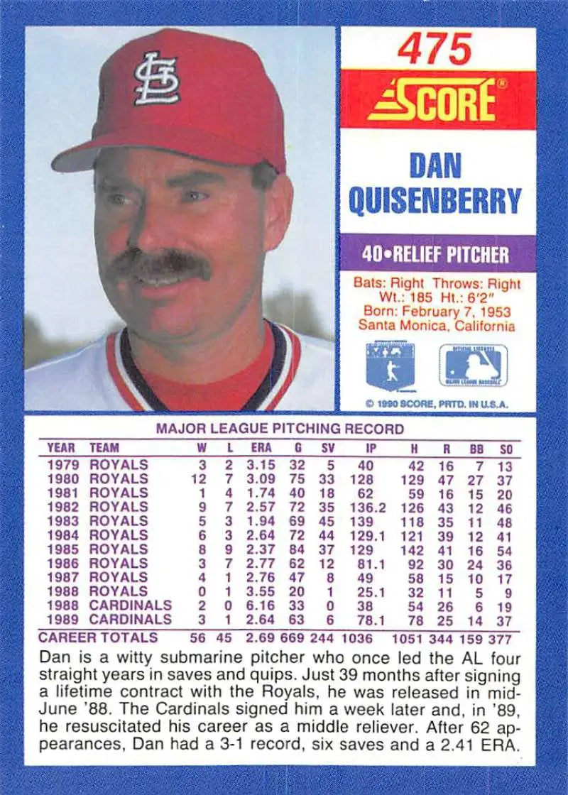 1990 Score #475 Dan Quisenberry EX Excellent St. Louis Cardinals Baseball Card - Baseball Card Single