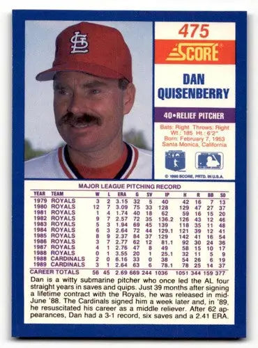 Original gloss Dan Quisenberry baseball card from 1990 Score #475 featuring Simply Sandoval