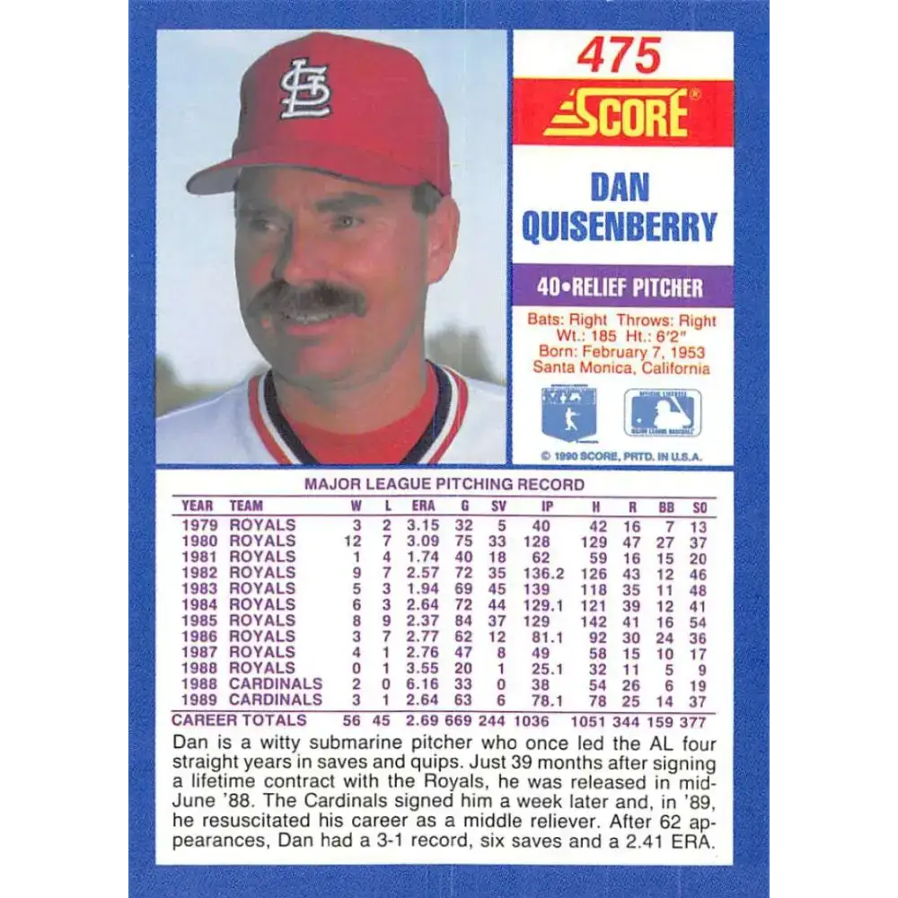 1990 Score #475 Dan Quisenberry NM-MT St. Louis Cardinals Baseball Card - Baseball Card Single