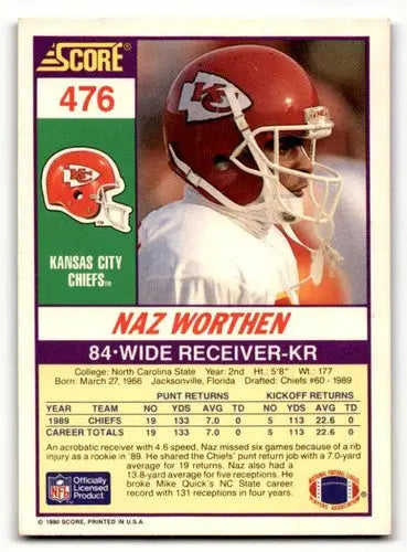 1990 Score #476 Naz Worthen Kansas City Chiefs Football Cards EX/NM ID:57396 - Football Card Single
