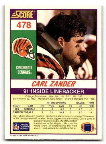 Original gloss Carl Zander Cincinnati football card from 1990 Score #478