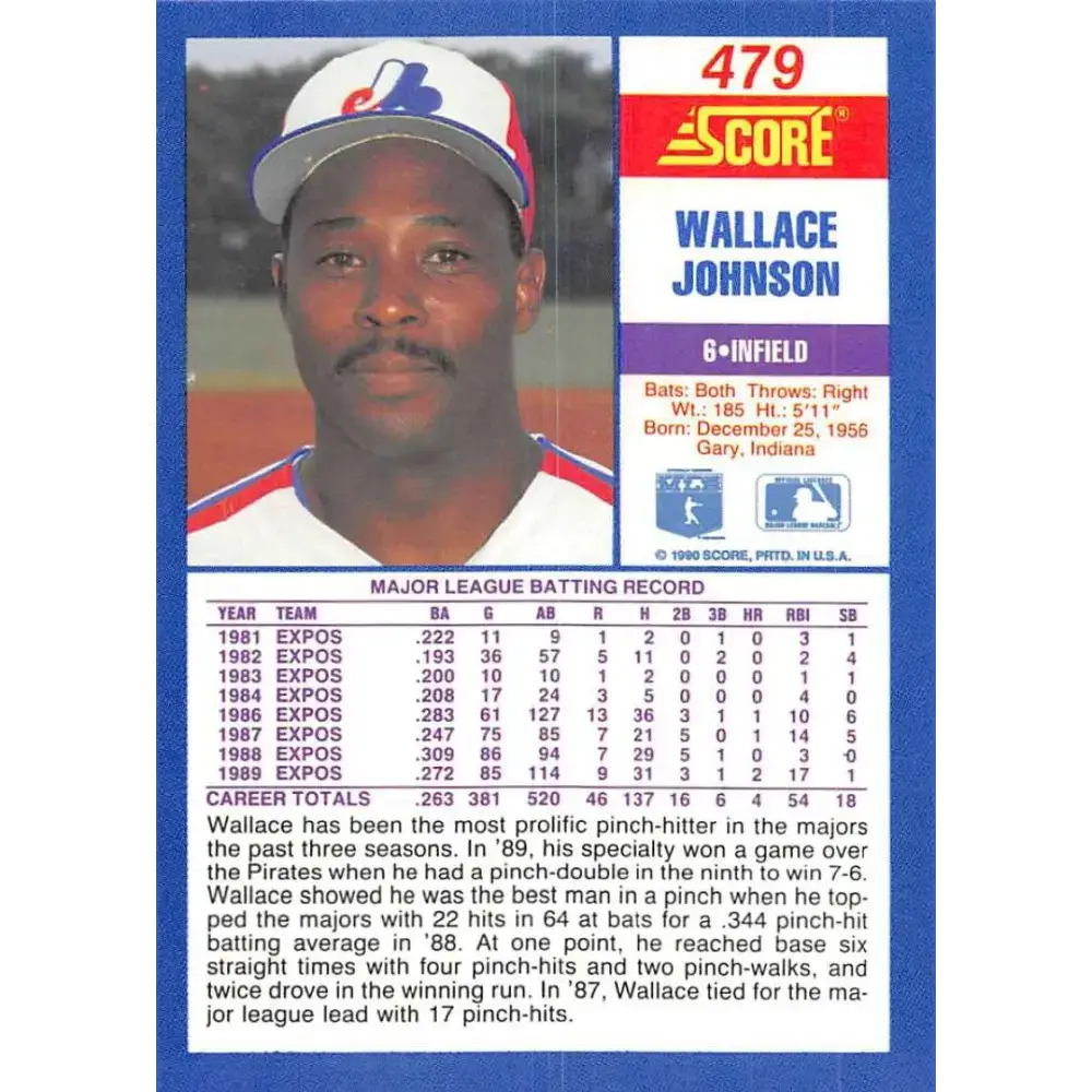 1990 Score #479 Wallace Johnson NM-MT Montreal Expos Baseball Card - Baseball Card Single