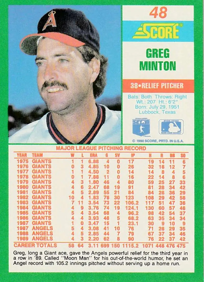 1990 Score #48 Greg Minton EX Excellent California Angels Baseball Card - Baseball Card Single