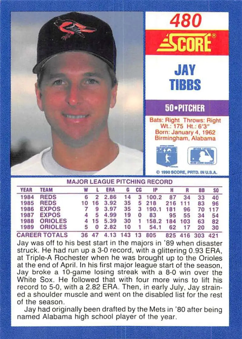 1990 Score #480 Jay Tibbs EX Excellent Baltimore Orioles Baseball Card - Baseball Card Single