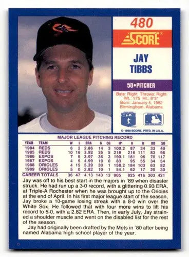 Original gloss Jay Tibbs baseball card from 1990 Score #480 displayed in Simply Sandoval