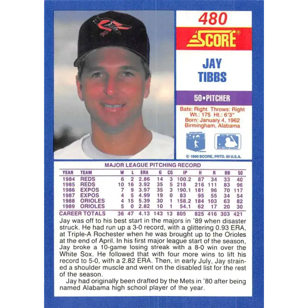 1990 Score #480 Jay Tibbs NM-MT Baltimore Orioles Baseball Card - Baseball Card Single