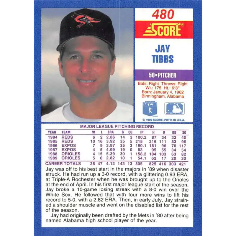 1990 Score #480 Jay Tibbs NM-MT Baltimore Orioles Baseball Card - Baseball Card Single