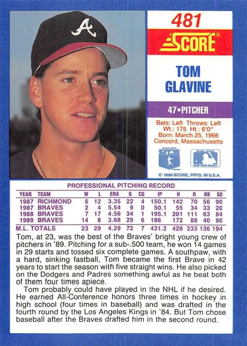 1990 Score #481 Tom Glavine EX Excellent Atlanta Braves Baseball Card - Baseball Card Single