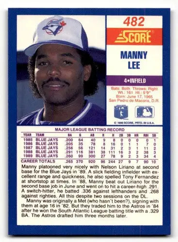 Original gloss Manny Lee baseball card from 1990 Score #482 featuring Simply Sandoval